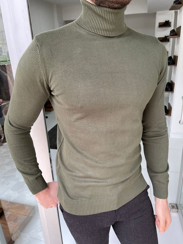 Khaki Green Slim Fit Turtleneck Sweater for Men by GentWith.com