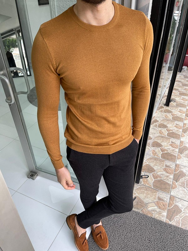 Mustard Slim Fit Crewneck Sweater for Men by GentWith.com
