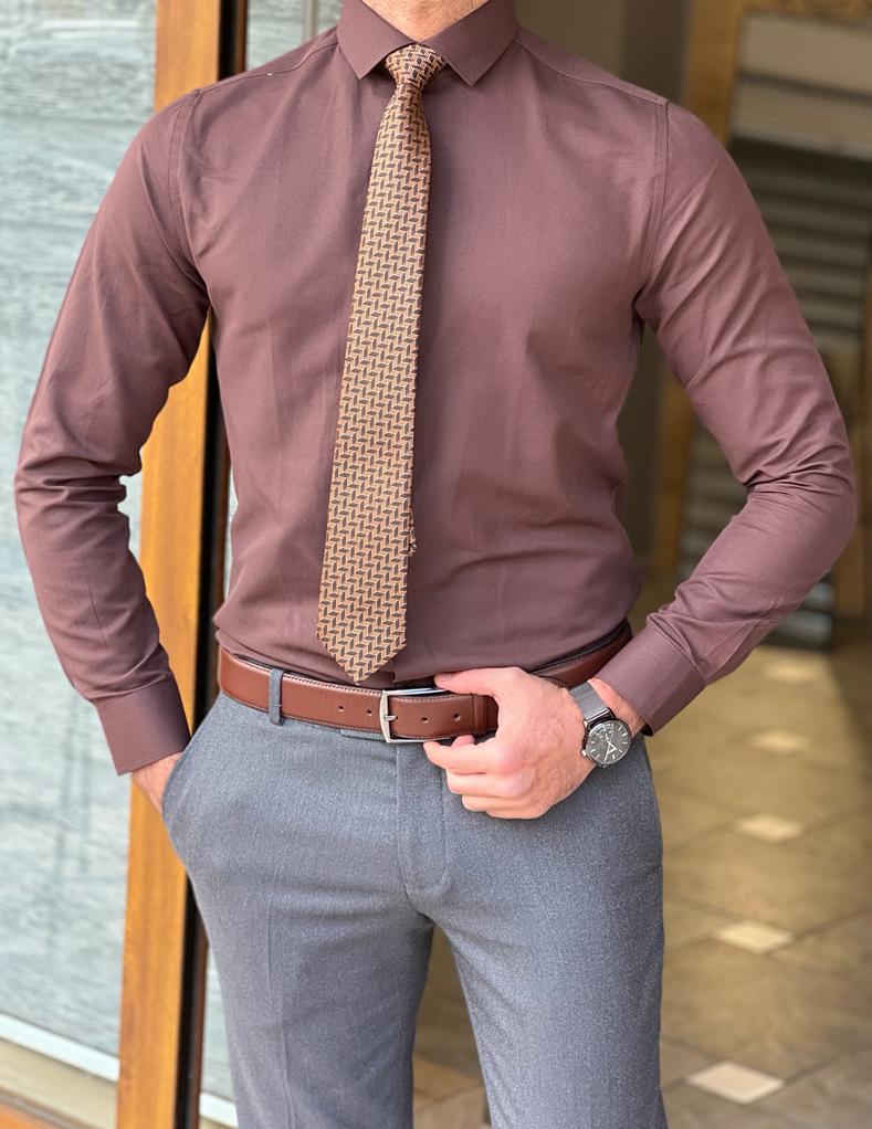 Regular Fit Linen-blend grandad shirt - Dark brown - Men | H&M IN