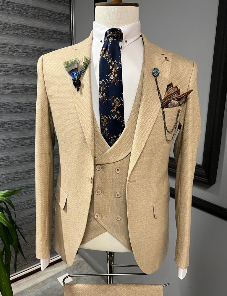 Beige Slim Fit Peak Lapel Suit for Men by Gentwith.com with Free Worldwide Shipping