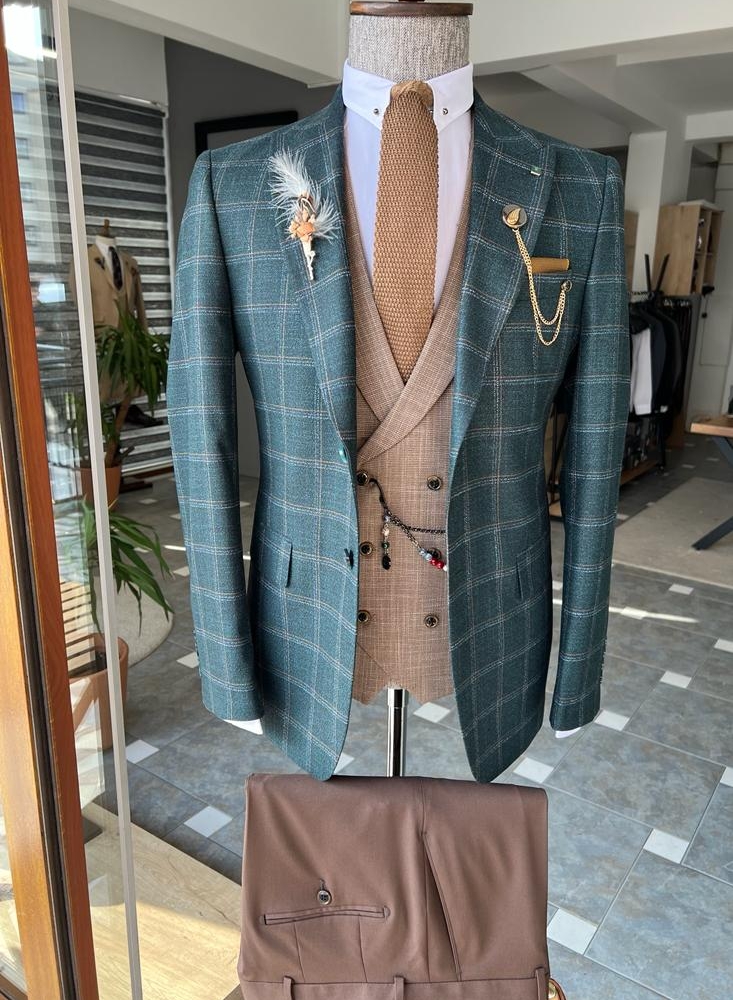 Green Slim Fit Peak Lapel Plaid Suit for Men by Gentwith.com with Free Worldwide Shipping