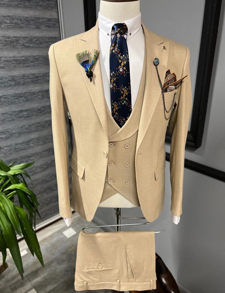 Beige Slim Fit Peak Lapel Suit for Men by Gentwith.com with Free Worldwide Shipping