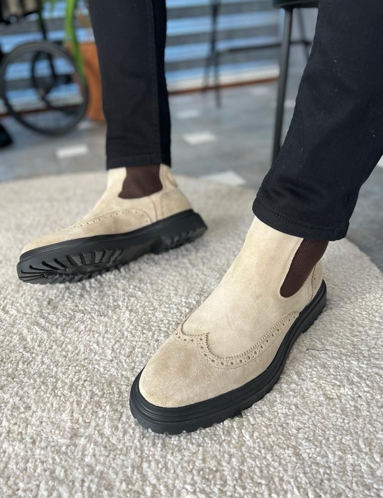 Beige Wing Tip Suede Chelsea Boots for Men by GentWith.com