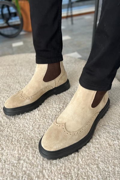 Beige Wing Tip Suede Chelsea Boots for Men by Gentwith.com with Free Worldwide Shipping