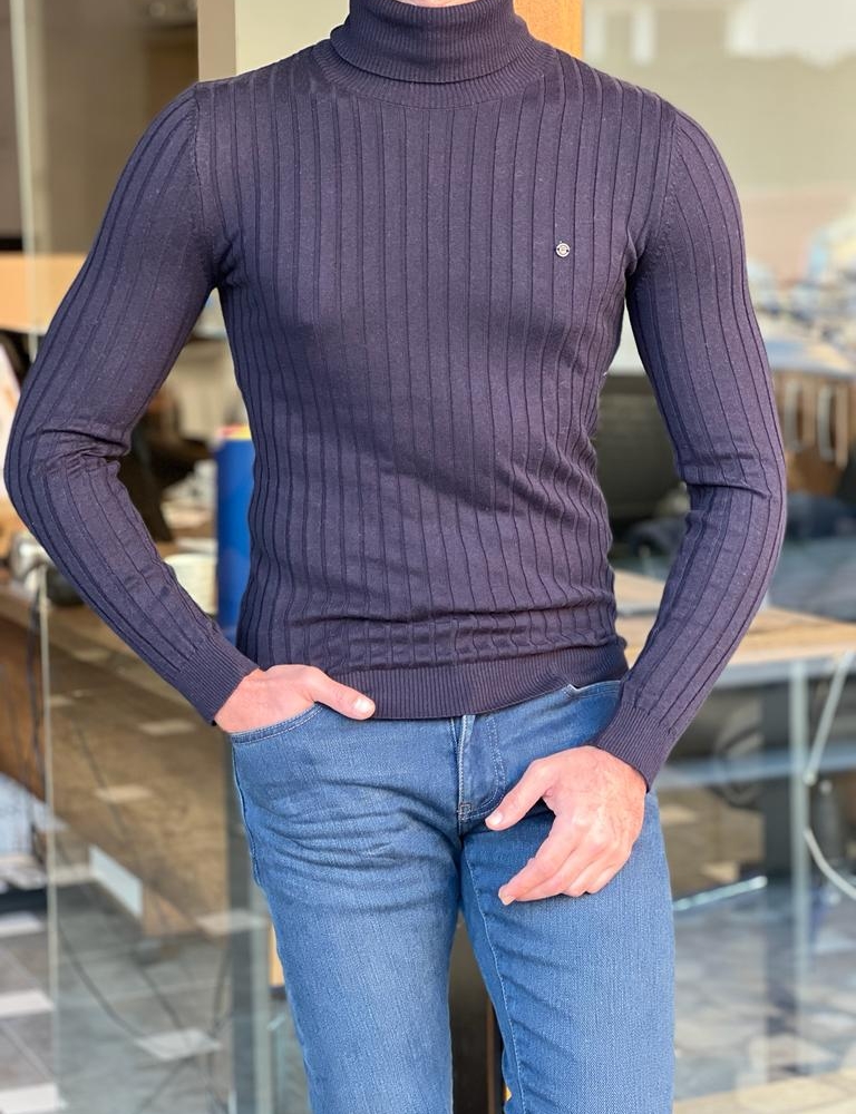 Dark Blue Slim Fit Striped Turtleneck Sweater for Men by Gentwith.com with Free Worldwide Shipping