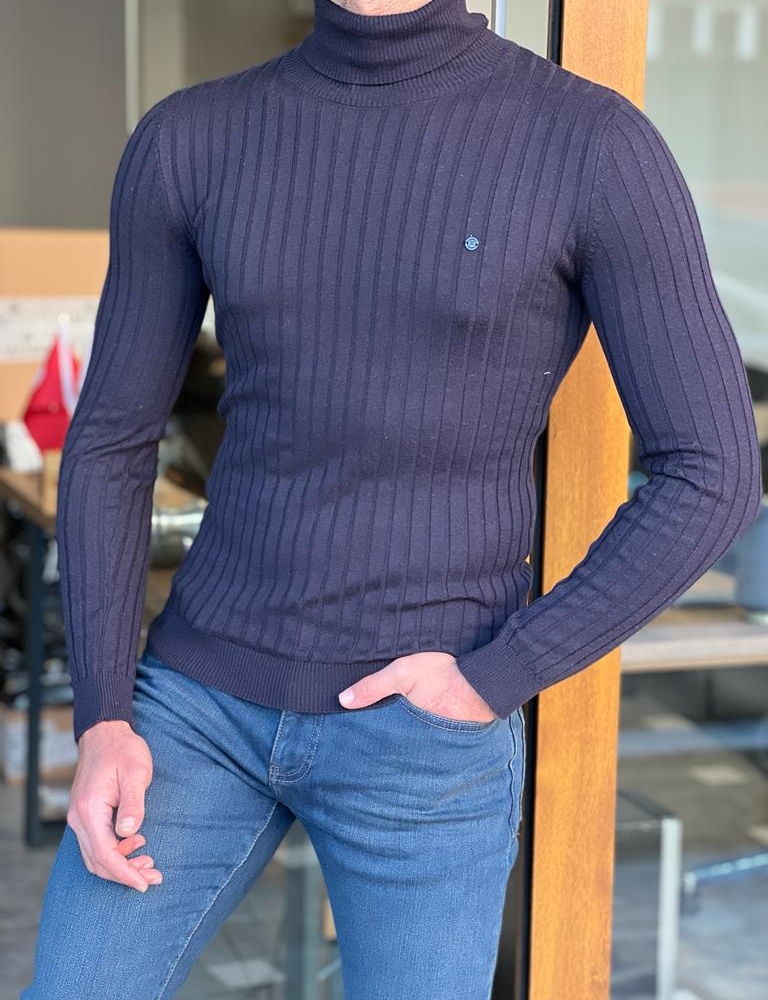 Dark Blue Slim Fit Striped Turtleneck Sweater for Men by Gentwith.com with Free Worldwide Shipping