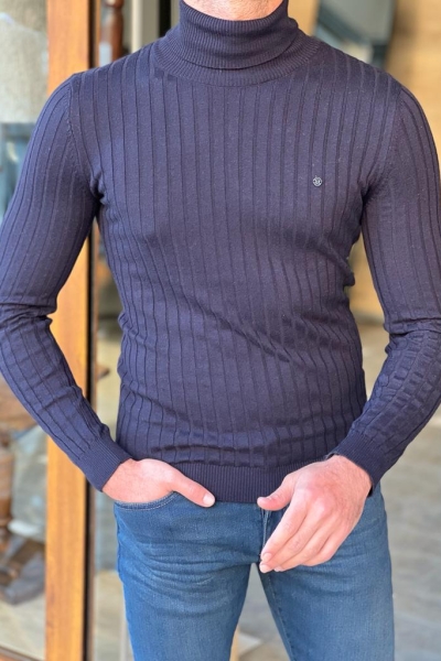 Dark Blue Slim Fit Striped Turtleneck Sweater for Men by Gentwith.com with Free Worldwide Shipping