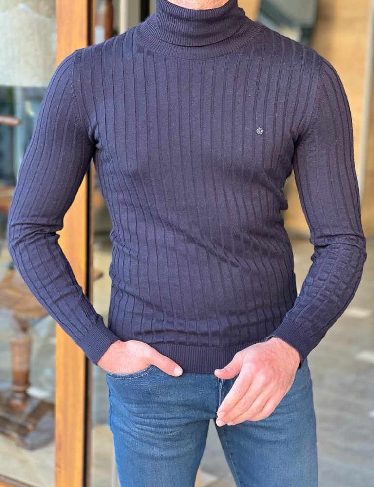 Dark Blue Slim Fit Striped Turtleneck Sweater for Men by Gentwith.com with Free Worldwide Shipping