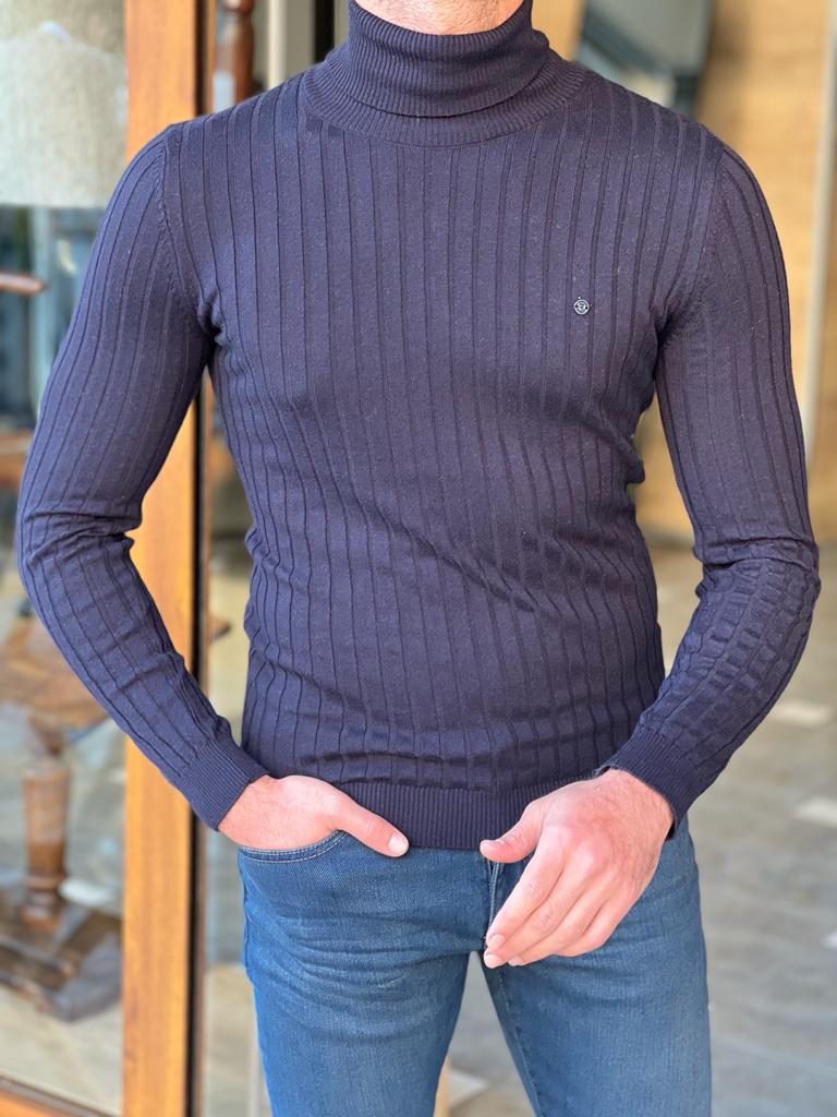 Dark Blue Slim Fit Striped Turtleneck Sweater for Men by GentWith.com
