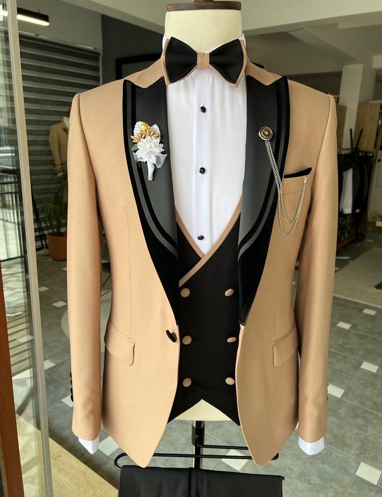 Gold Slim Fit Velvet Peak Lapel Tuxedo for Men by Gentwith.com with Free Worldwide Shipping