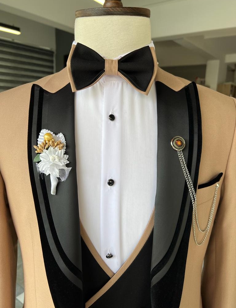 Gold Slim Fit Velvet Peak Lapel Tuxedo for Men by Gentwith.com with Free Worldwide Shipping