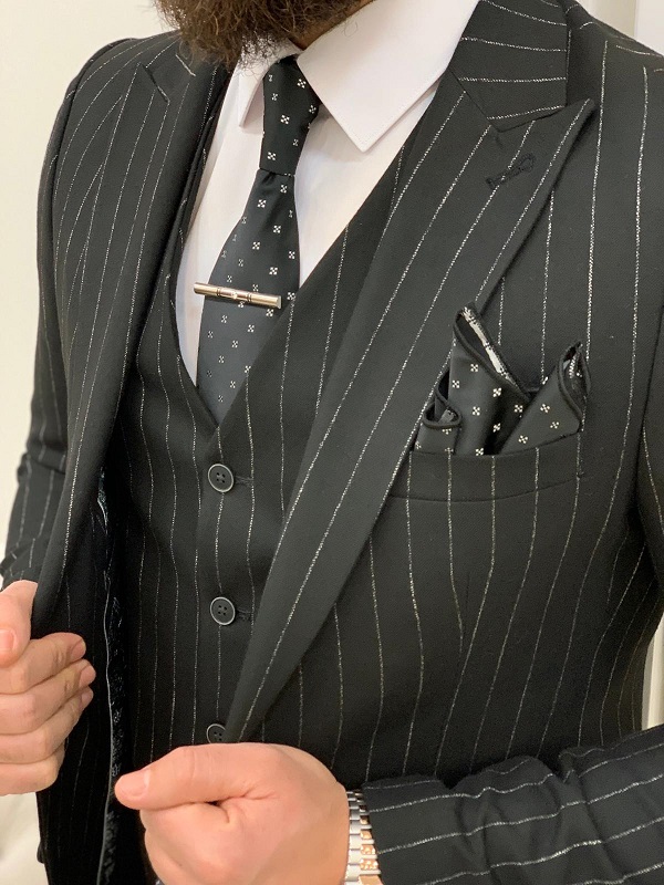 Black Slim Fit Peak Lapel Pinstripe Suit for Men by Gentwith.com with Free Worldwide Shipping