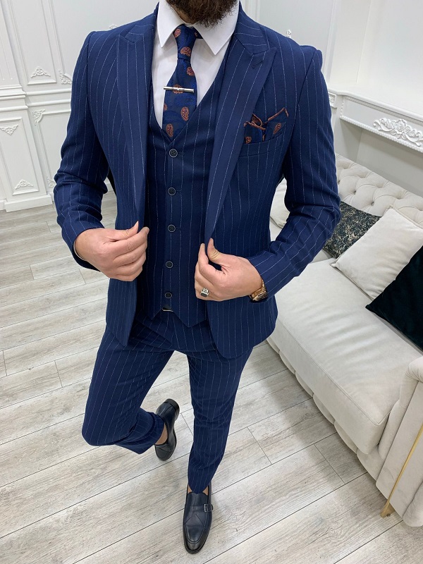 Blue Slim Fit Peak Lapel Pinstripe Suit for Men by Gentwith.com with Free Worldwide Shipping