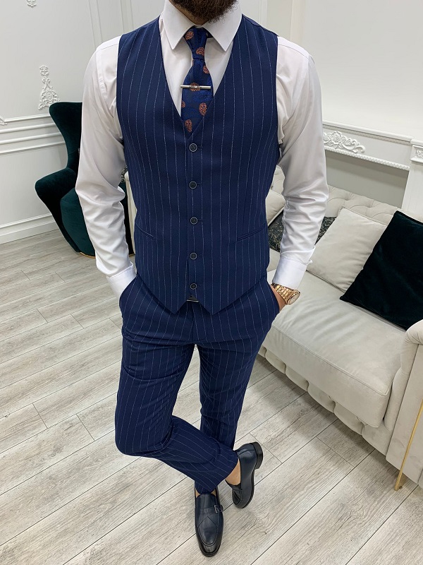 Blue Slim Fit Peak Lapel Pinstripe Suit for Men by GentWith.com