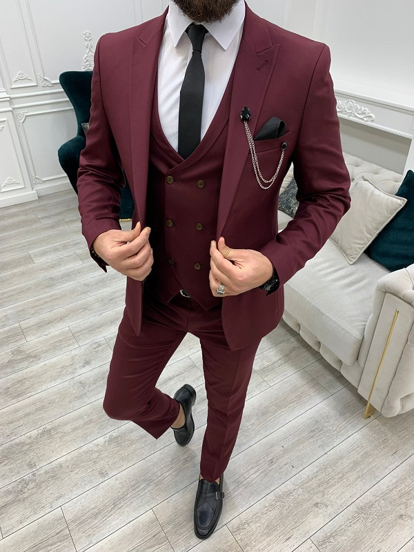 Burgundy Slim Fit Peak Lapel Suit for Men by Gentwith.com with Free Worldwide Shipping