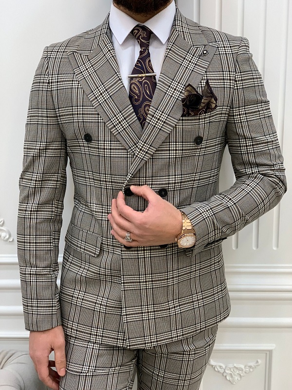 Coffee Gray Slim Fit Double Breasted Plaid Suit for Men by GentWith.com