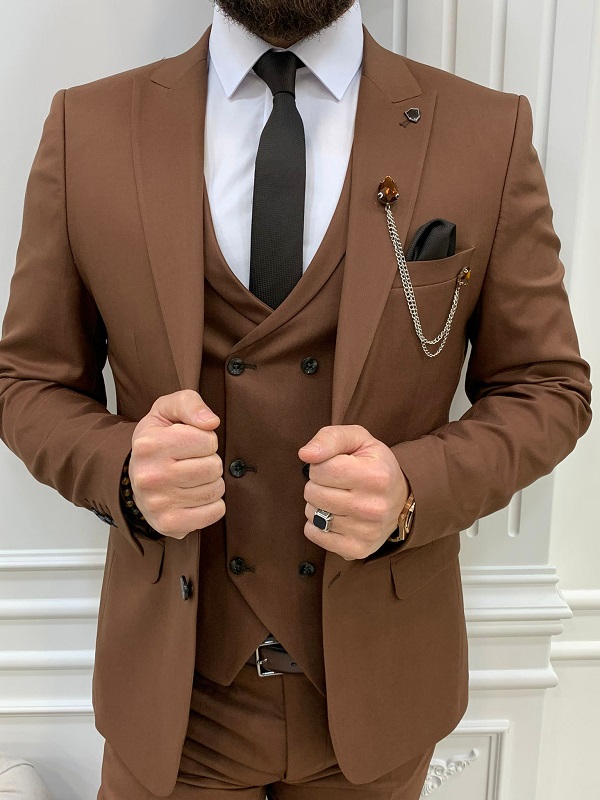 Dark Brown Slim Fit Peak Lapel Suit for Men by GentWith.com