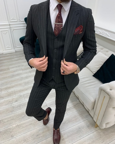Dark Gray Slim Fit Peak Lapel Pinstripe Suit for Men by Gentwith.com with Free Worldwide Shipping