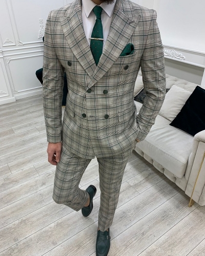 Green Gray Slim Fit Double Breasted Plaid Suit for Men by Gentwith.com with Free Worldwide Shipping