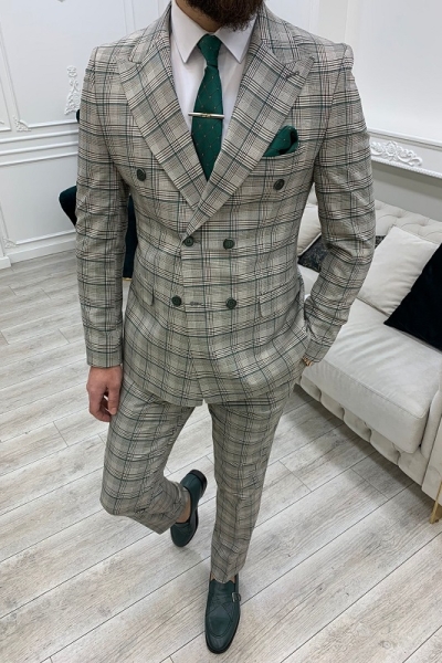 Green Gray Slim Fit Double Breasted Plaid Suit for Men by Gentwith.com with Free Worldwide Shipping