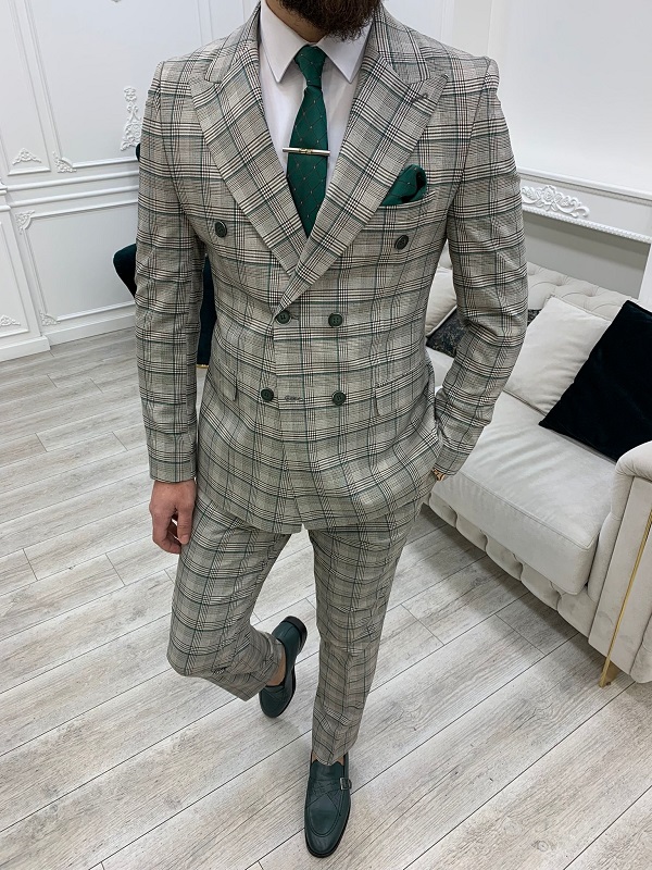Green Gray Slim Fit Double Breasted Plaid Suit for Men by Gentwith.com with Free Worldwide Shipping