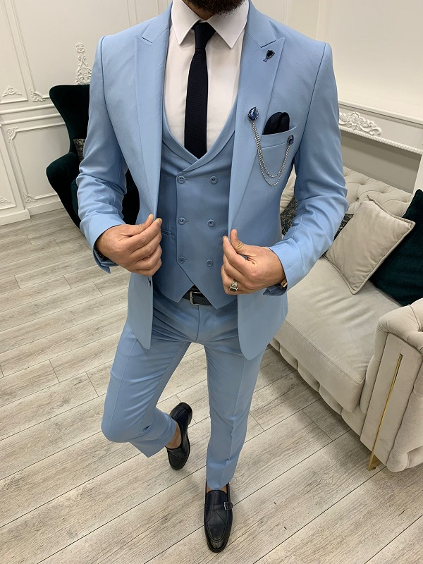 Sky Blue Slim Fit Peak Lapel Suit for Men by GentWith.com