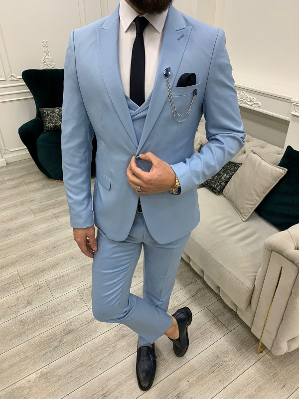 Sky Blue Slim Fit Peak Lapel Suit for Men by GentWith.com