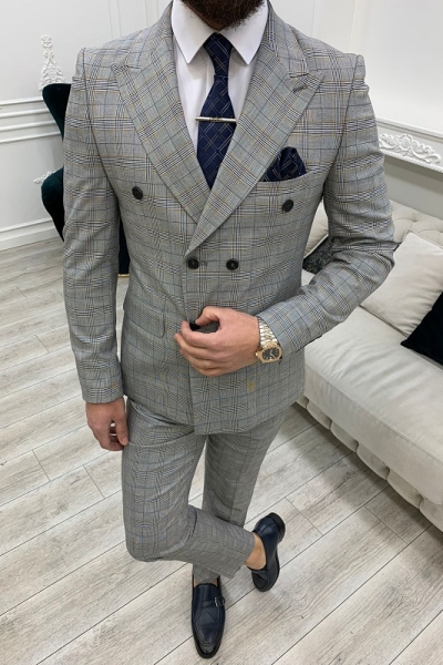 Yellow Gray Slim Fit Double Breasted Plaid Suit for Men by Gentwith.com with Free Worldwide Shipping