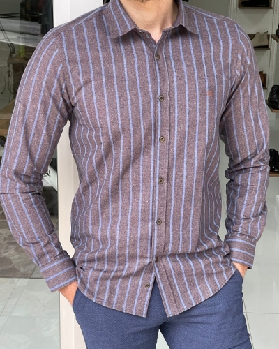 Brown Slim Fit Striped Cotton Shirt for Men by Gentwith.com with Free Worldwide Shipping