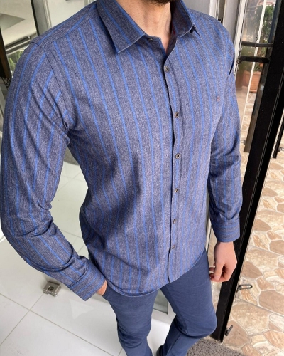 Indigo Slim Fit Striped Cotton Shirt for Men by Gentwith.com with Free Worldwide Shipping