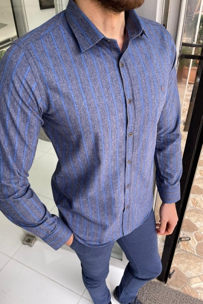 Indigo Slim Fit Striped Cotton Shirt for Men by Gentwith.com with Free Worldwide Shipping