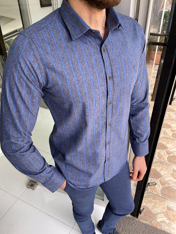 Indigo Slim Fit Striped Cotton Shirt for Men by Gentwith.com with Free Worldwide Shipping
