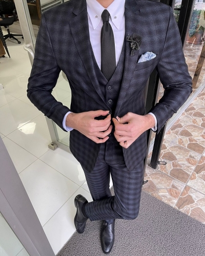 Black Slim Fit Peak Lapel Plaid Wool Suit for Men by Gentwith.com with Free Worldwide Shipping