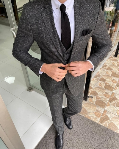 Black Slim Fit Notch Lapel Plaid Wool Suit for Men by Gentwith.com with Free Worldwide Shipping