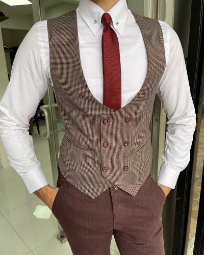 Burgundy Slim Fit Double Breasted Wool Vest for Men by Gentwith.com with Free Worldwide Shipping