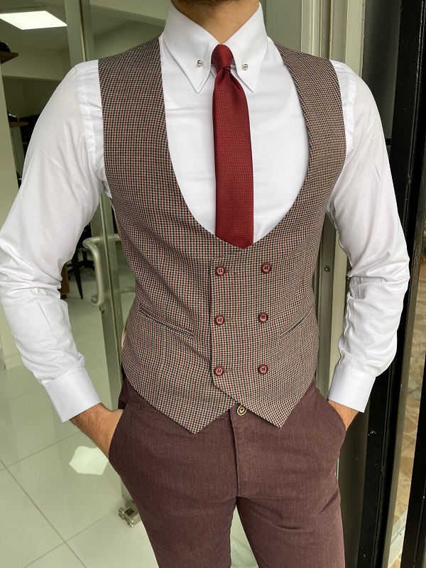 GentWith Rockford Burgundy Slim Fit Double Breasted Wool Vest 