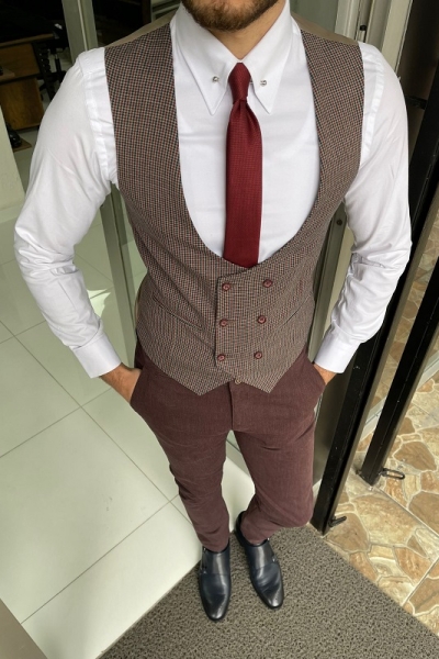 Burgundy Slim Fit Double Breasted Wool Vest for Men by Gentwith.com with Free Worldwide Shipping