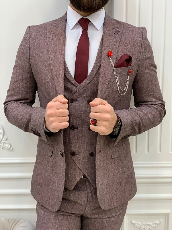Burgundy Slim Fit Peak Lapel Crosshatch Suit for Men by Gentwith.com with Free Worldwide Shipping