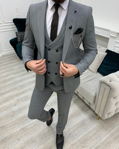 Gray Slim Fit Peak Lapel Crosshatch Suit for Men by Gentwith.com with Free Worldwide Shipping