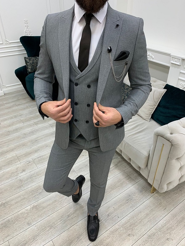 Gray Slim Fit Peak Lapel Crosshatch Suit For Men By