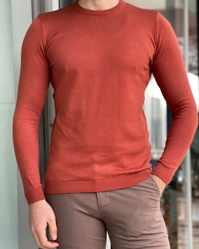 Rust Slim Fit Crewneck Sweater for Men by Gentwith.com with Free Worldwide Shipping