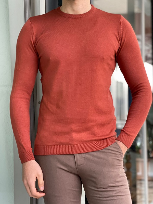 Rust Slim Fit Crewneck Sweater for Men by Gentwith.com with Free Worldwide Shipping