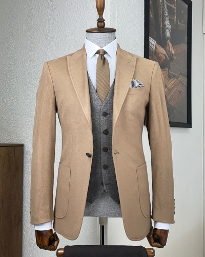 Beige Slim Fit Peak Lapel Wool Suit for Men by Gentwith.com with Free Worldwide Shipping