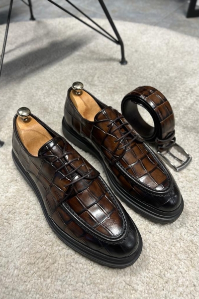 Brown Crocodile Pattern Derby Shoes for Men by Gentwith.com with Free Worldwide Shipping