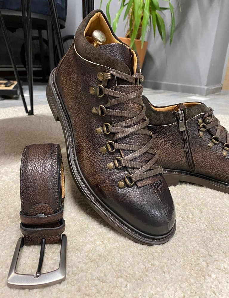 Brown Lace Up Zipper Boots for Men by Gentwith.com with Free Worldwide Shipping