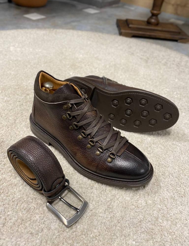 Brown Lace Up Zipper Boots for Men by Gentwith.com with Free Worldwide Shipping
