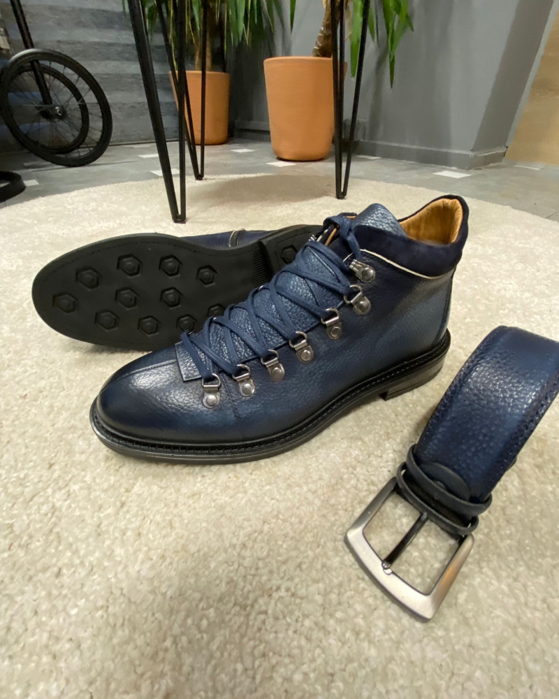 Navy Blue Lace Up Zipper Boots for Men by Gentwith.com with Free Worldwide Shipping