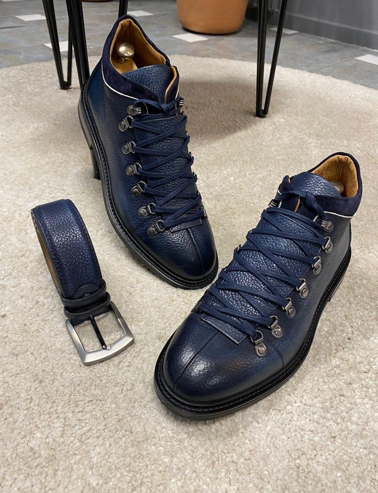 Navy Blue Lace Up Zipper Boots for Men by Gentwith.com with Free Worldwide Shipping