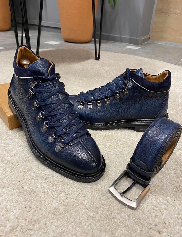 Navy Blue Lace Up Zipper Boots for Men by Gentwith.com with Free Worldwide Shipping