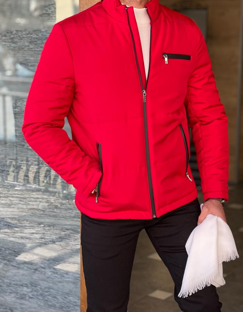 Red Slim Fit Quilted Coat for Men by Gentwith.com with Free Worldwide Shipping